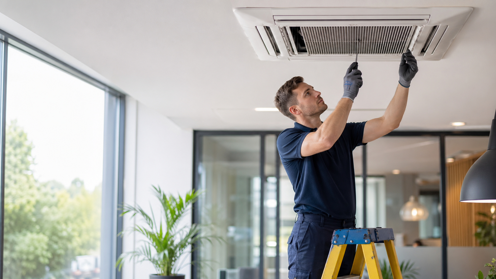 Professional air conditioning engineer servicing an indoor unit
